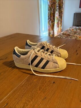 adidas Superstar Unisex Suede Sneakers in Pink with Navy Stripes, M 6.5, W 8